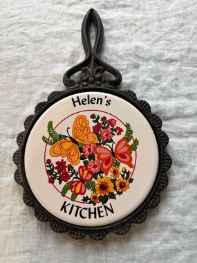 Vtg Personalize HELEN’S KITCHEN Butterflies Flowers Tile Cast Iron Trivet 11.5"